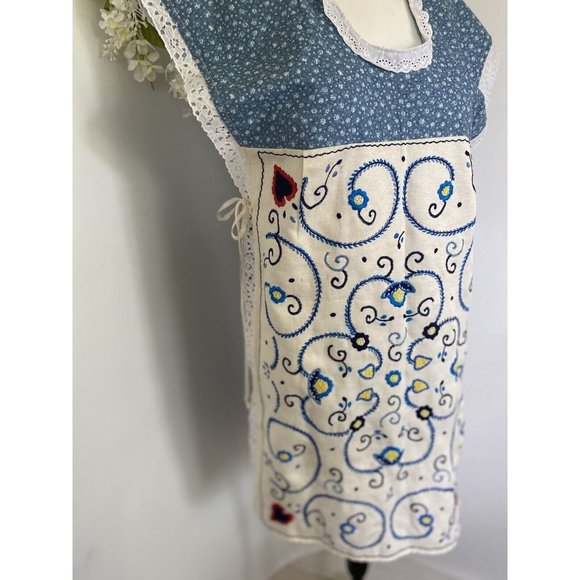 Vintage Homemade Jumper Dress Pinafore Apron 70's Embroidery Calico Farm Cottage - Picture 2 of 12